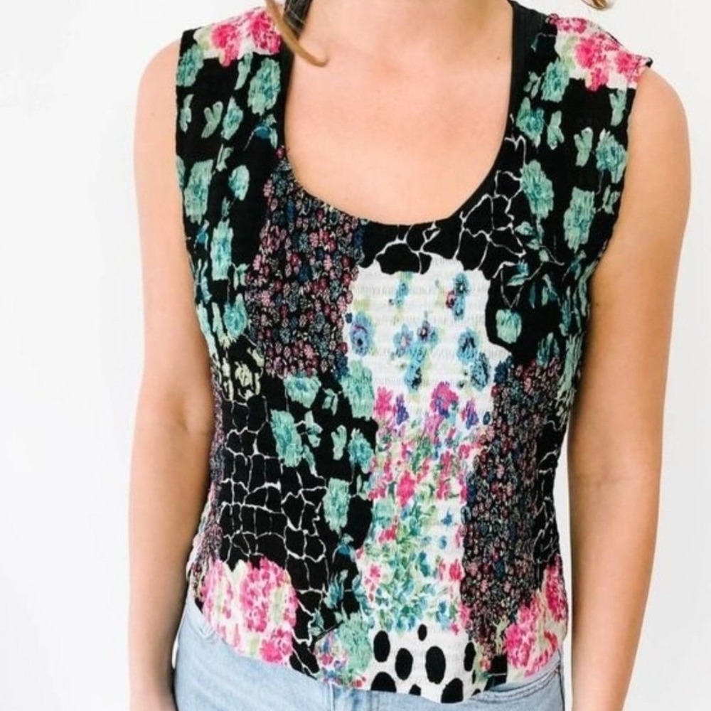 Vintage Alberto Makali Womens Mixed Floral Animal Print Plissé Tank‎ Top Medium
